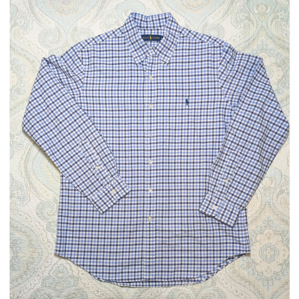 Ralph Lauren Mens Plaid Button Up Long Sleeve Blue Shirt Sz XL